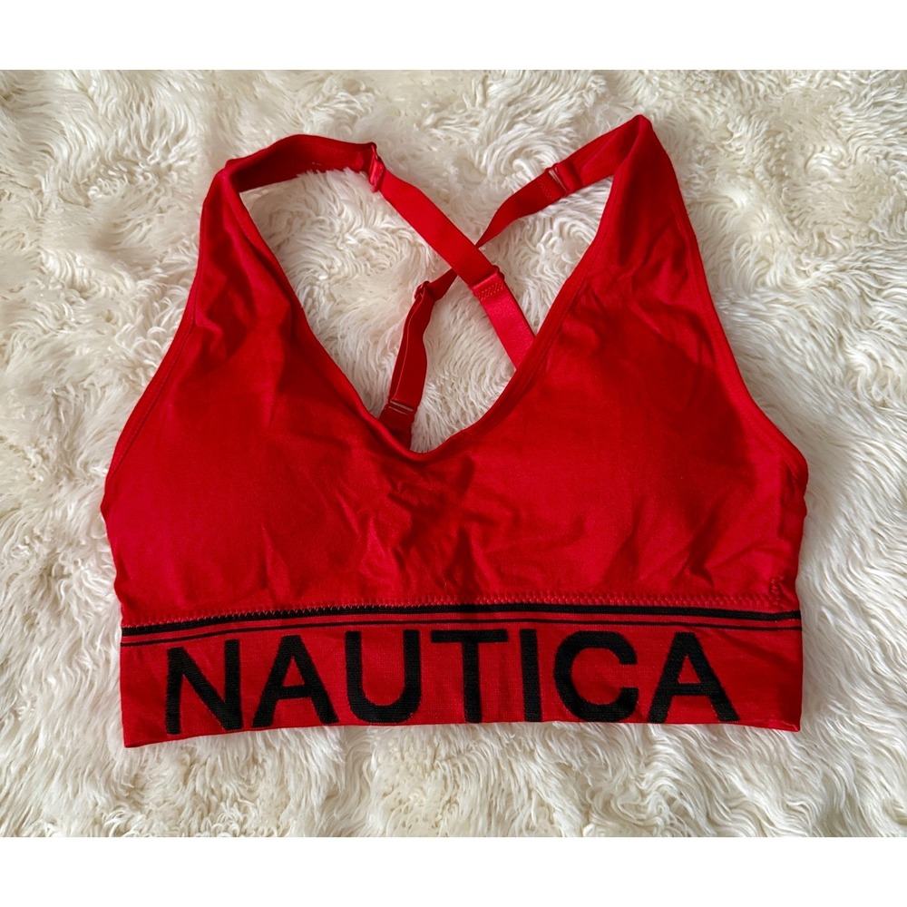 Nautica Sports Bra Medium Bold Red Racerback Logo Band Activewear Fitness